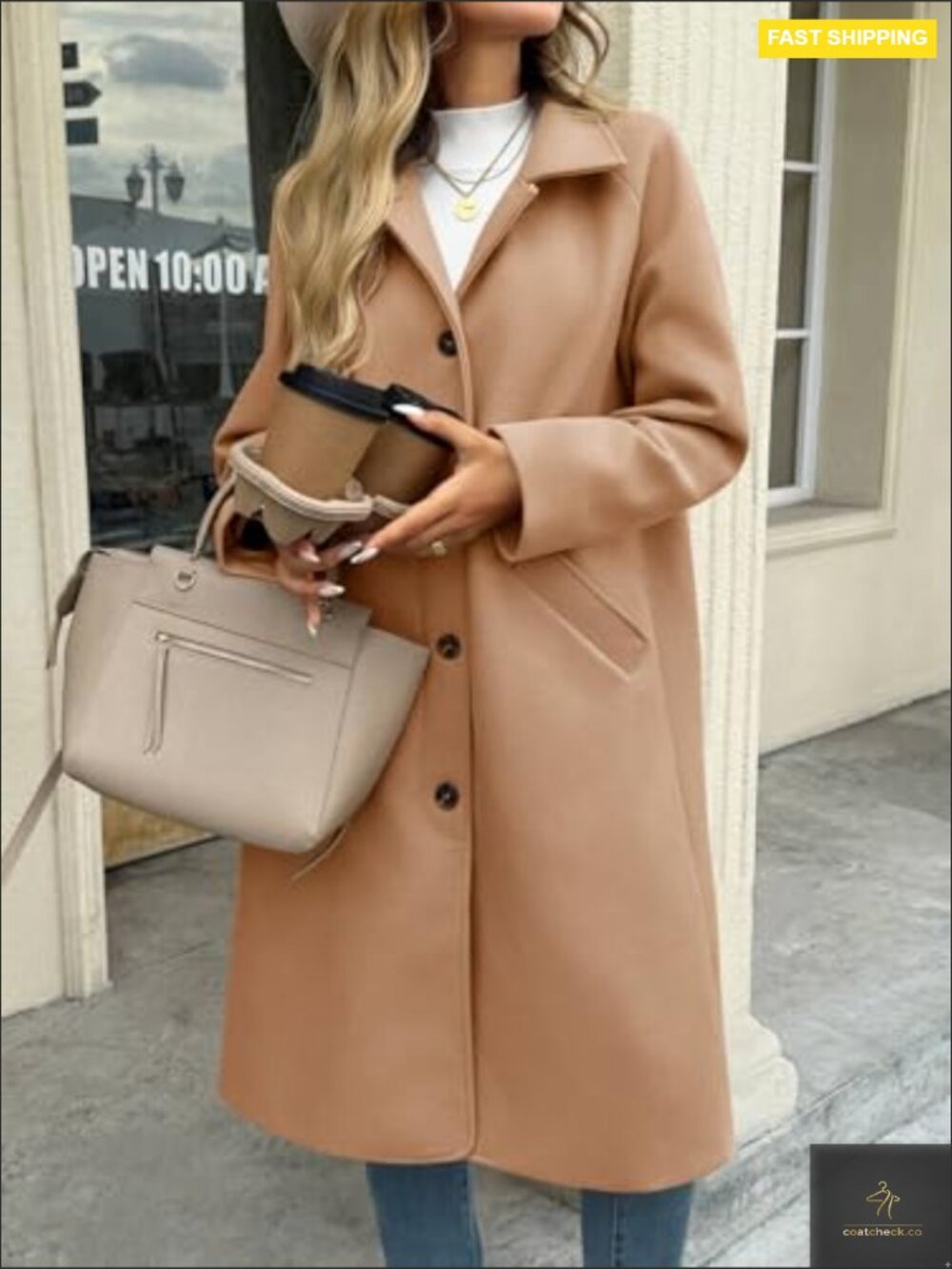 Womens Long Single Breasted Peacoat Lapel Collar Fall Winter Casual Trench - Picture 4 of 5
